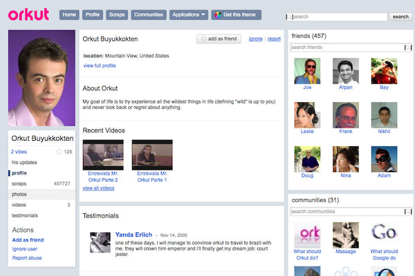 A screenshot of the defunct Orkut Social Network