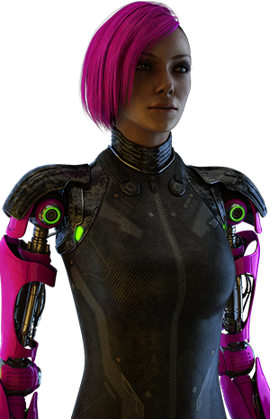A young woman with pink hair,
    with pink robotic arms.