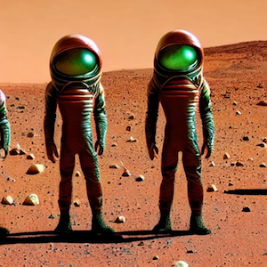 An image of aliens in weird spacesuits standing on Mars.