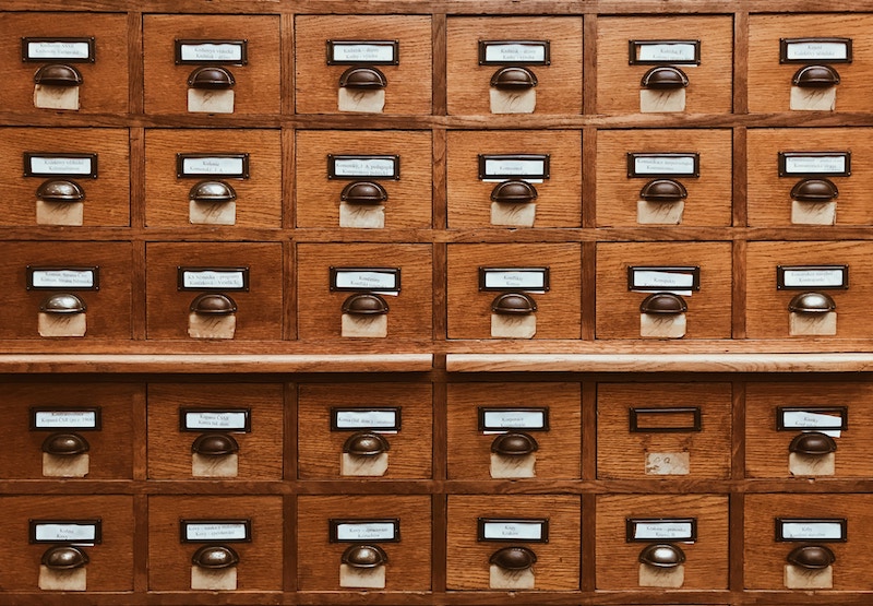 An old-fashioned library card catalog.