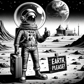 A black and white cartoon image, 1940s style, of a Martian colonist hitching a ride back to Earth.