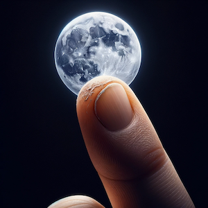 A finger pointing at the moon. The fingernail is dirty.