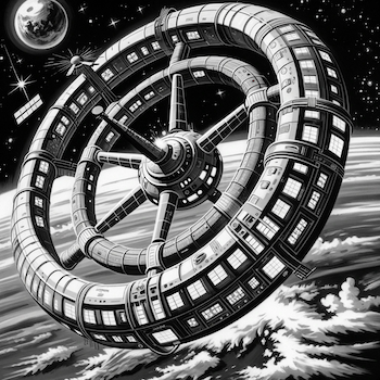 A black and white cartoon, 1940s style, of a Stanford Torus orbiting Earth.