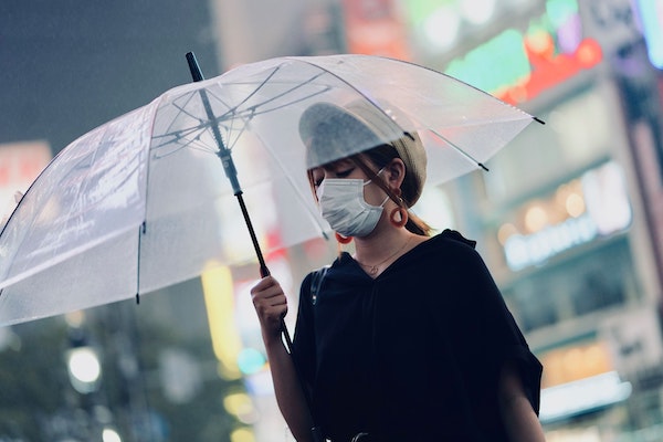 A woman wearing a surgical mask and holding a transparent umbrella.