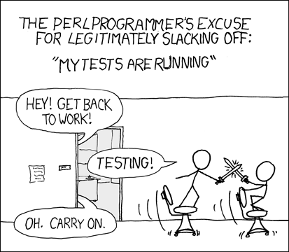 Cartoon showing
programmer's sword fighting while waiting for their test suite to compile.