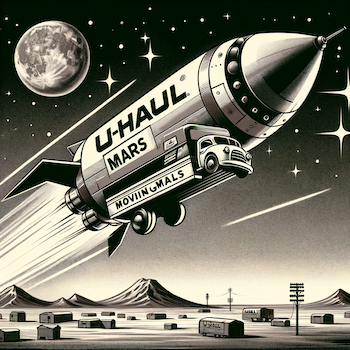 A black and white cartoon image, 1940s style, of a U-Haul rocket traveling to Mars.